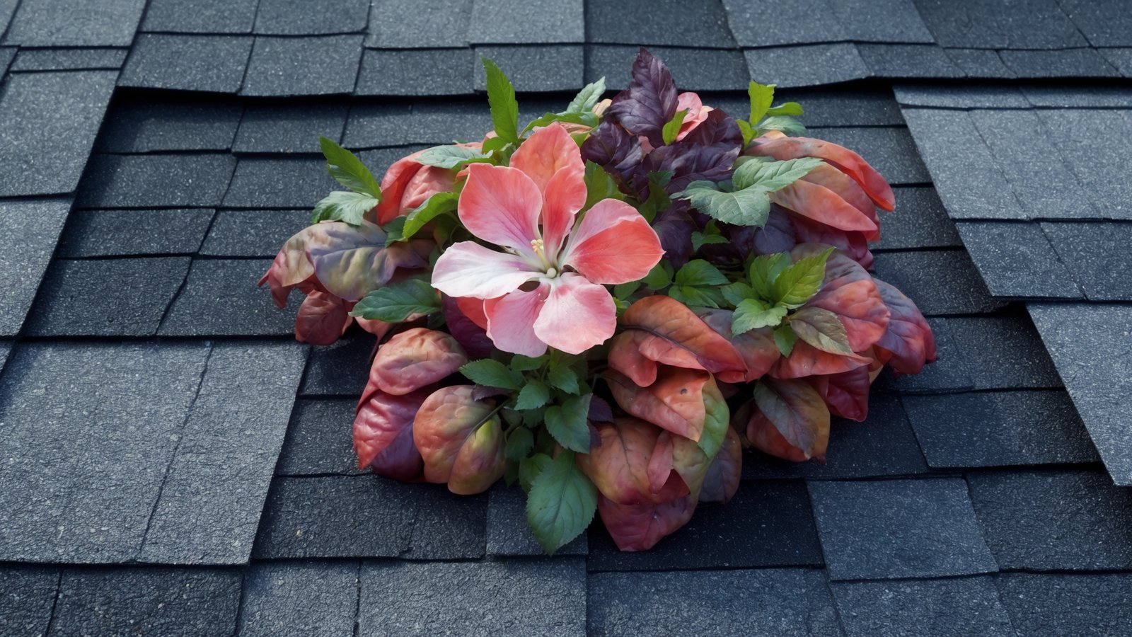 Close-up view of asphalt shingle roof with algae stains and moss growth needing professional roof cleaning