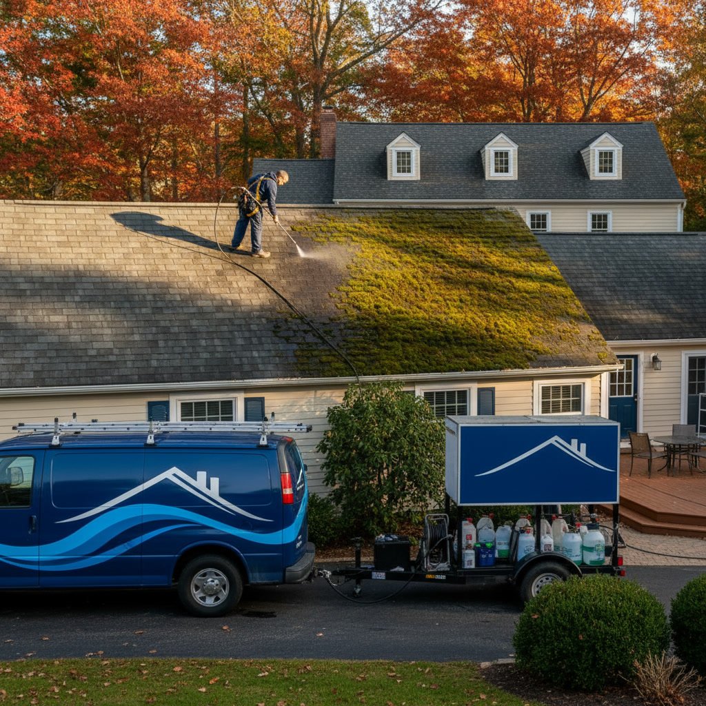 Professional roof cleaning service protecting homeowners insurance coverage in Connecticut