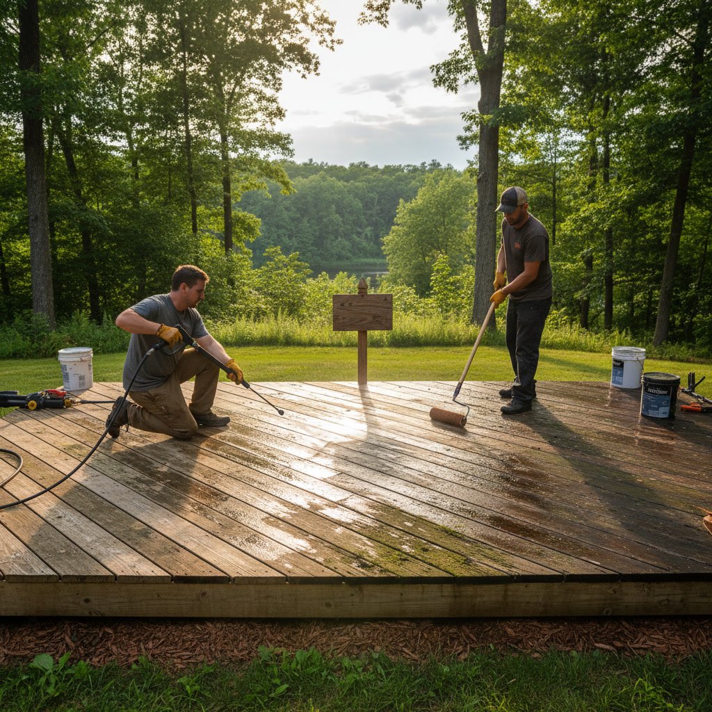 freshly pressure washed wooden deck drying in Middletown Connecticut