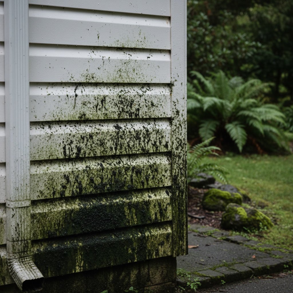 Green algae buildup on white vinyl siding of Middletown Connecticut home
