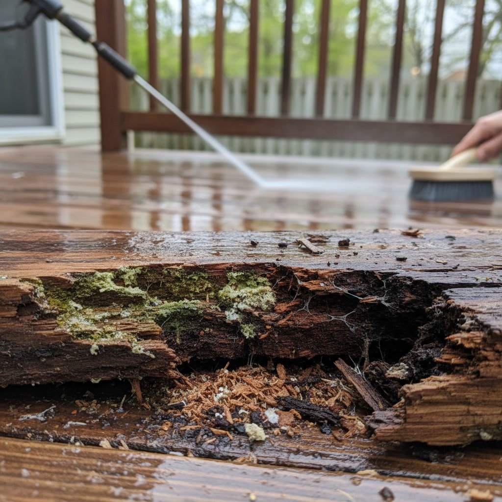 rotting deck boards with moisture damage and dark stains in Cromwell Connecticut