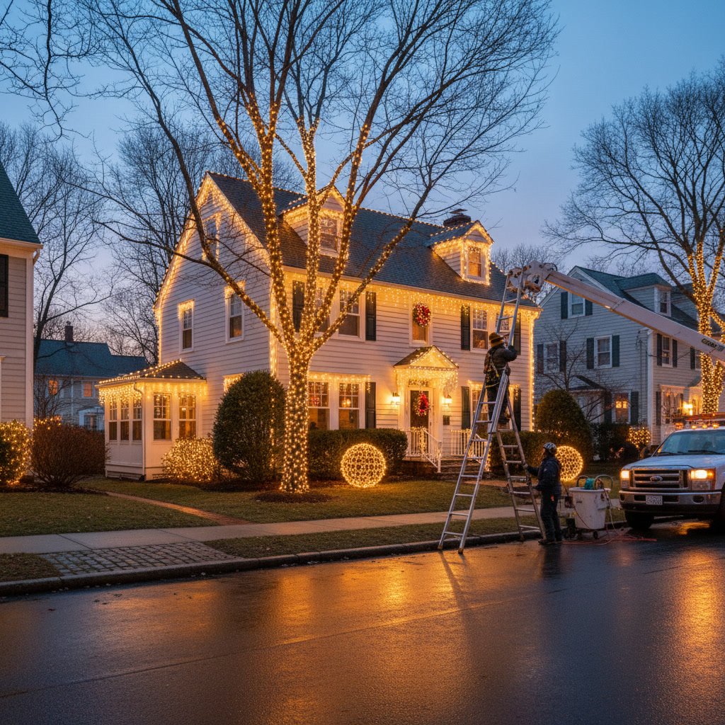 Professional Christmas light installation on West Hartford colonial home roofline