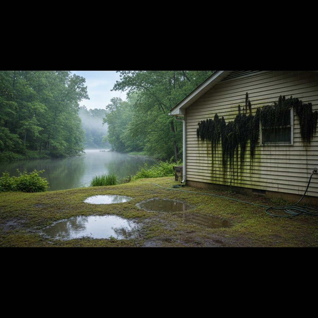 Black algae streaks on north-facing vinyl siding with tree shade overhead