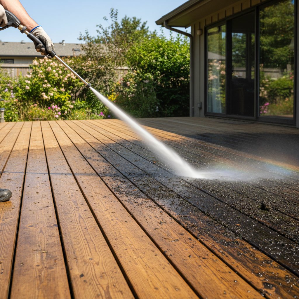 professional pressure washing cleaning a wood deck to prevent rot in Connecticut