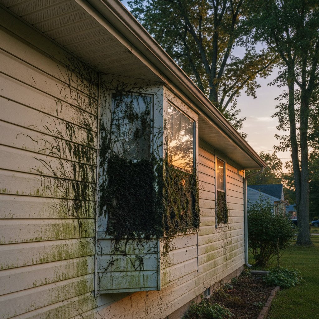 Professional pressure washing removing algae from vinyl siding in Middletown