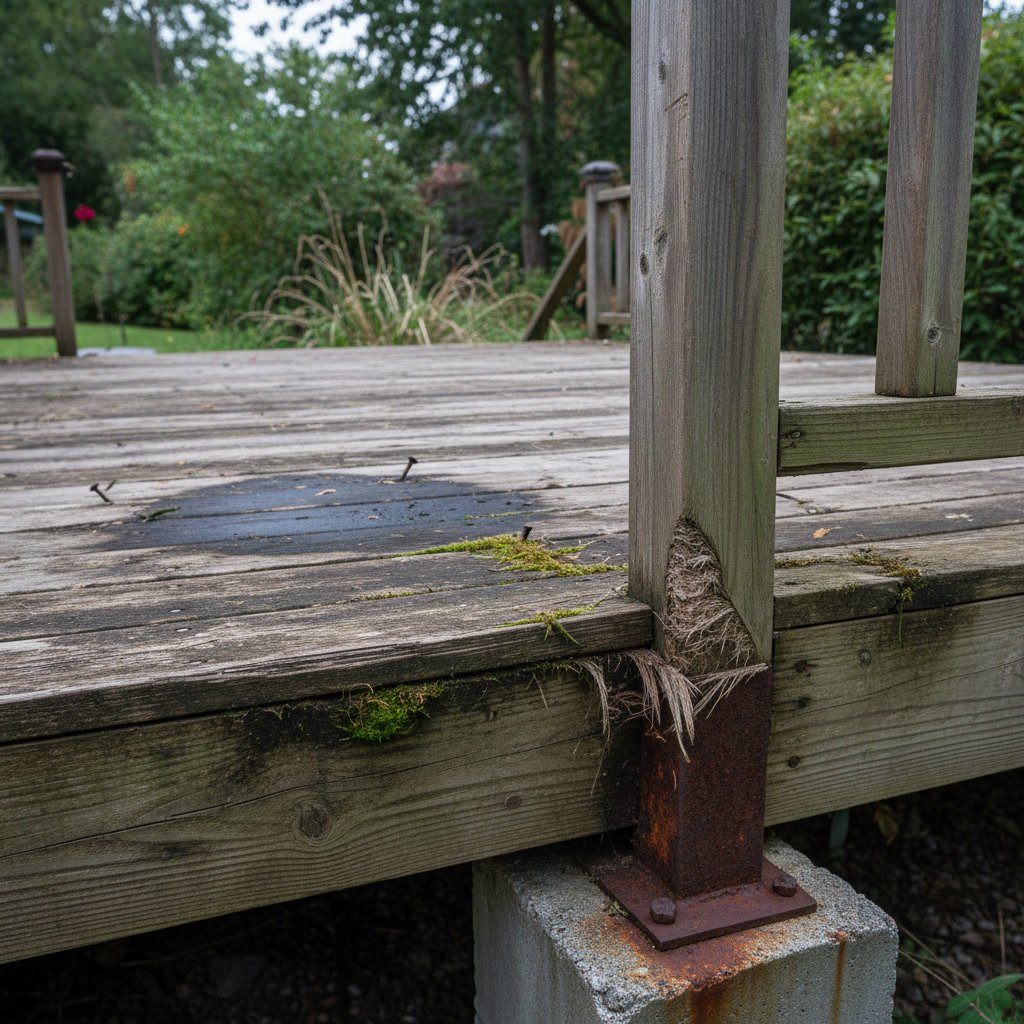 deck inspection showing early signs of wood rot and moisture damage