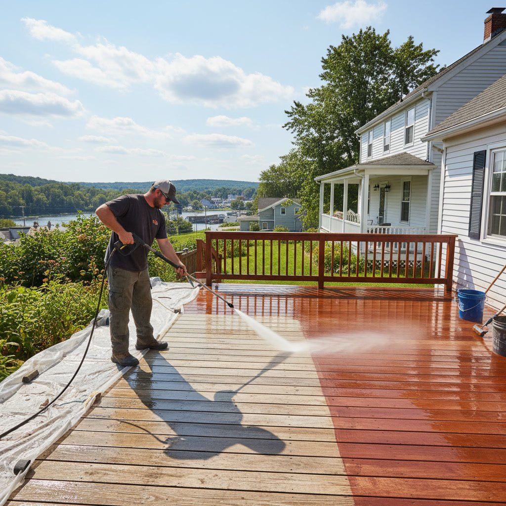 wooden deck after professional pressure washing in Middletown Connecticut