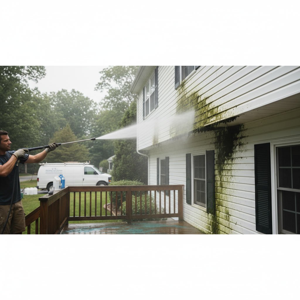 Vinyl siding with algae buildup on residential home in Middletown Connecticut