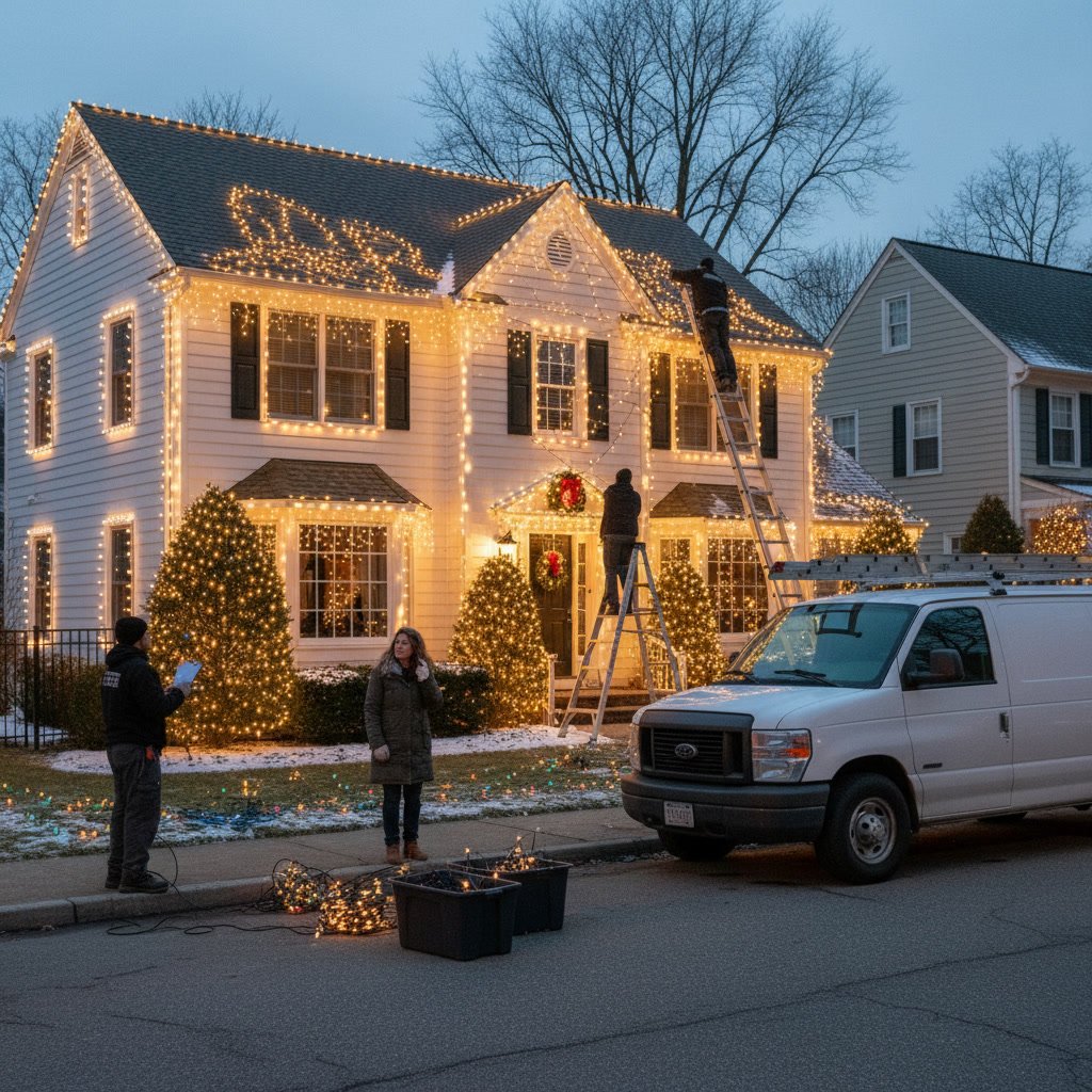 West Hartford colonial home decorated with professional Christmas lights at dusk