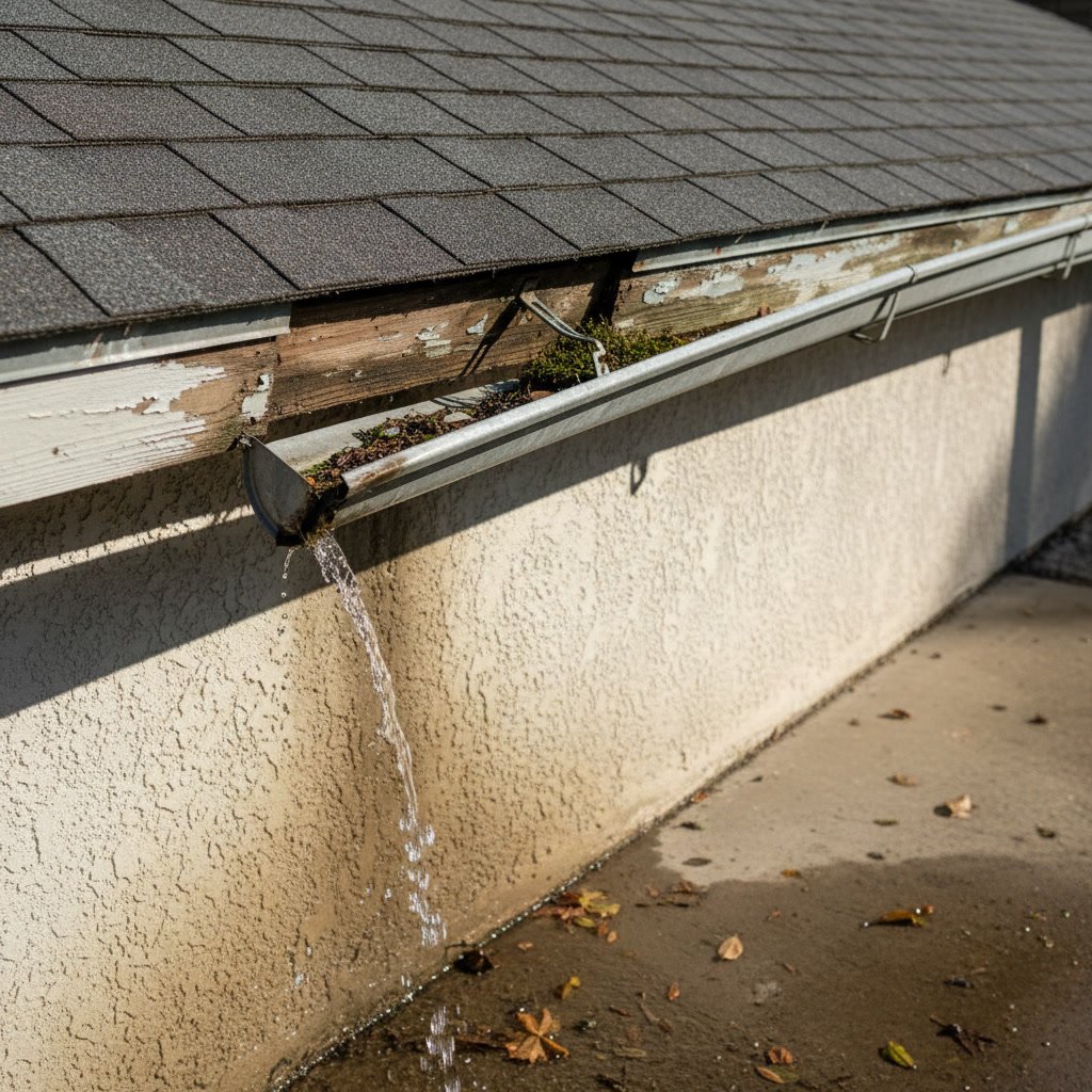 Gutter separated from fascia board showing failed mounting brackets