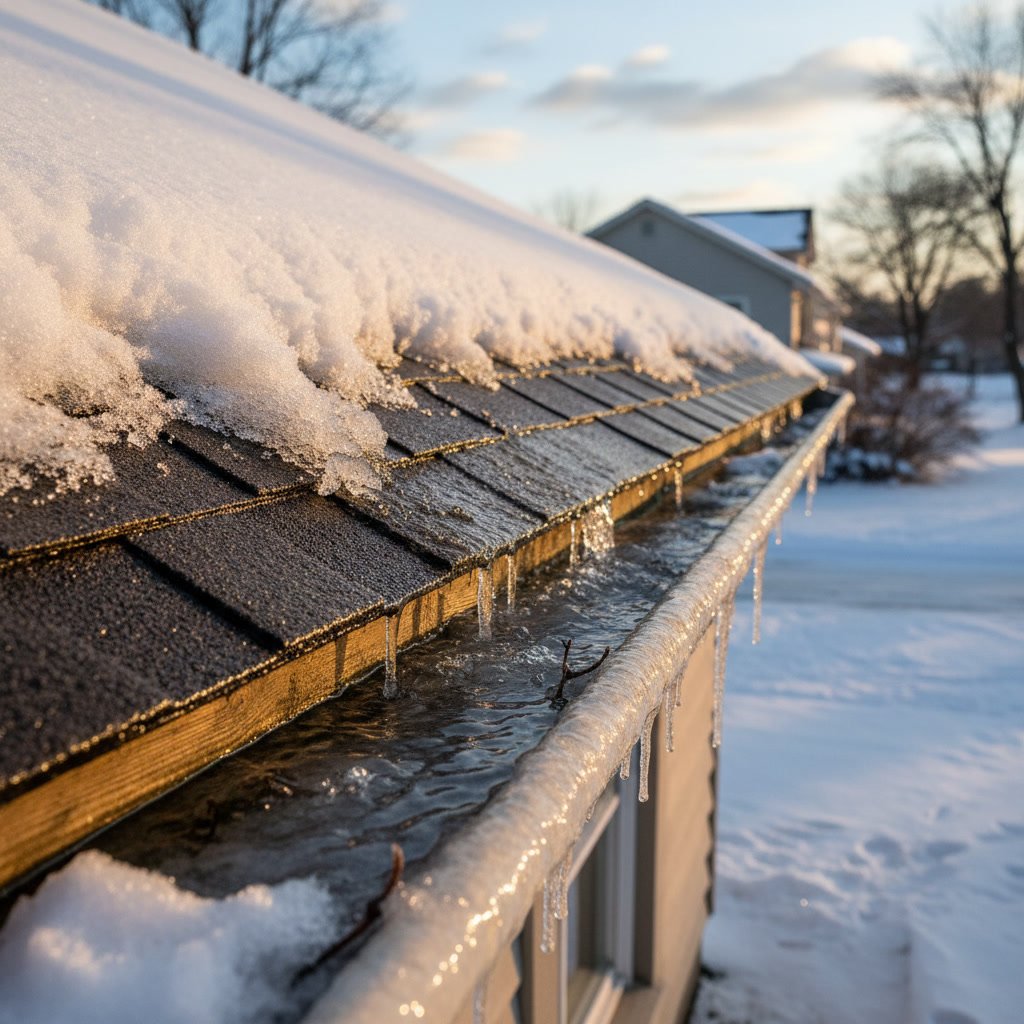 Clogged gutters with ice formation along roof edge causing water backup