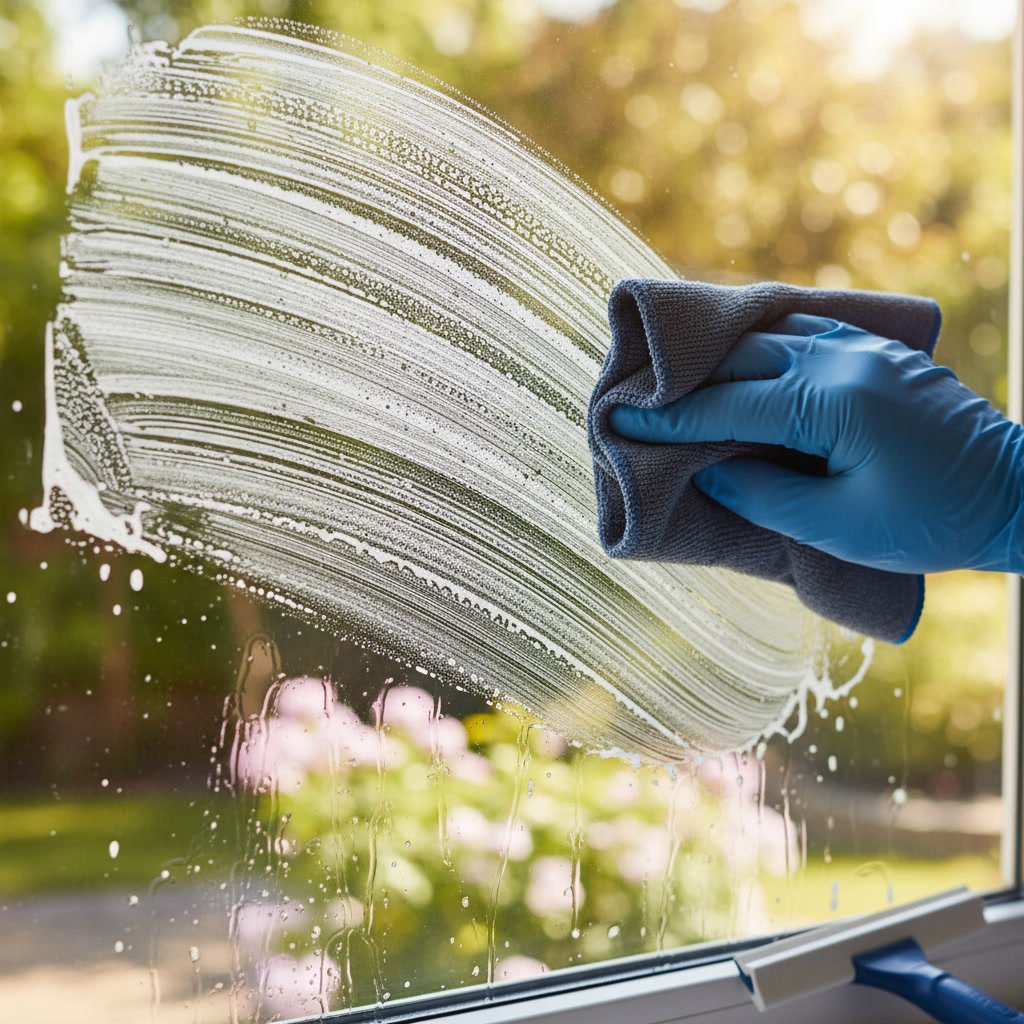 Close-up of window glass showing streak patterns from improper cleaning technique