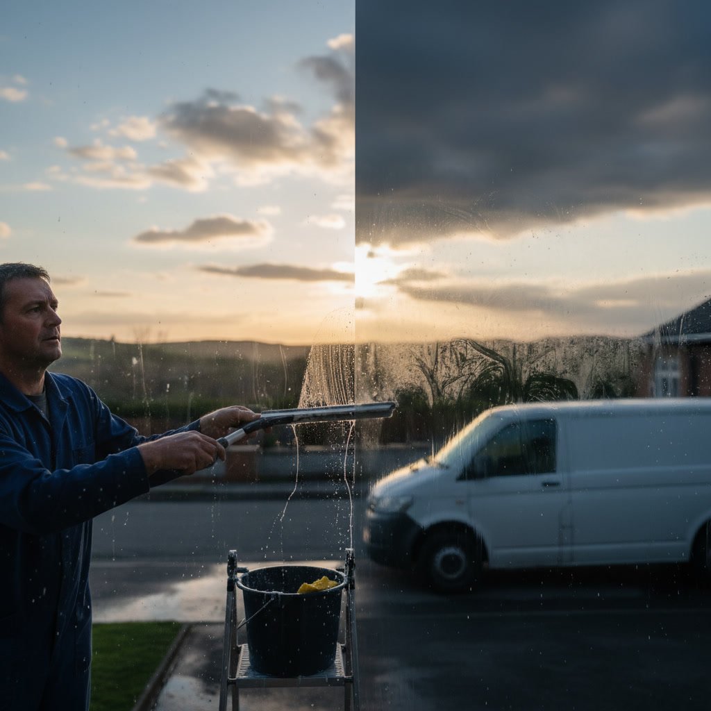 Professional window cleaner demonstrating proper squeegee technique on residential glass