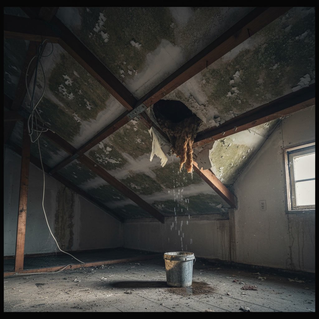 Interior ceiling water stain caused by overflowing gutters