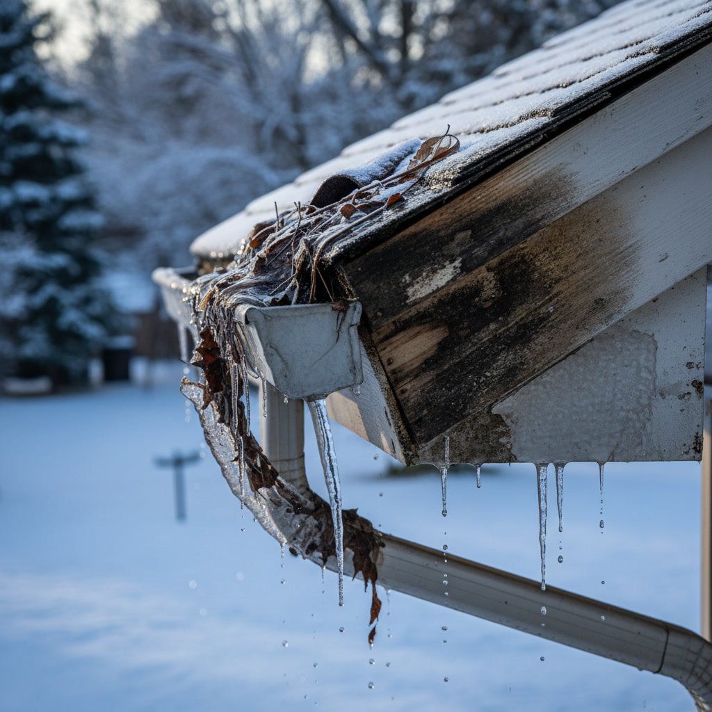 Ice dam formation on roof edge with icicles hanging from clogged gutters