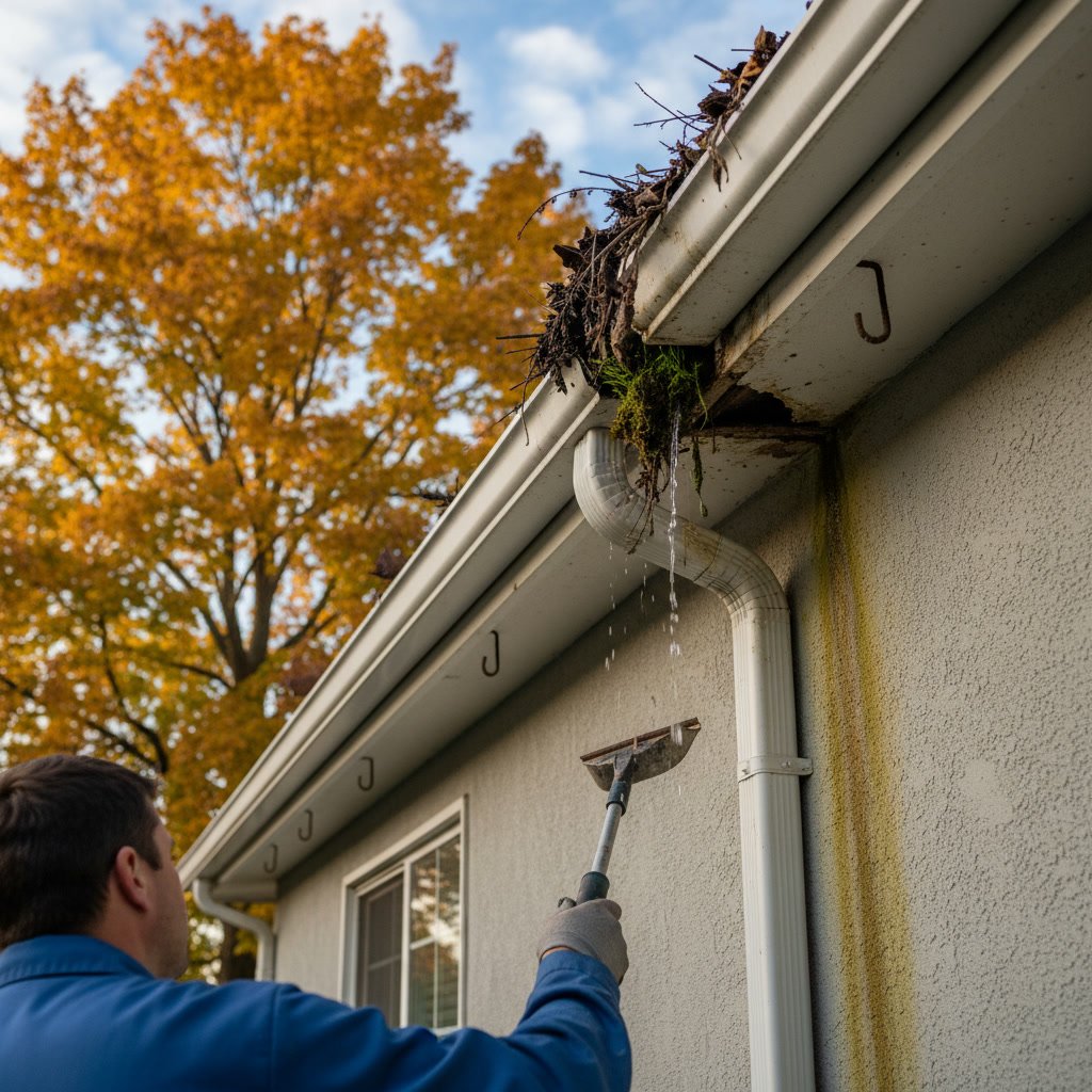 Close-up view of damaged gutter showing separation and structural issues