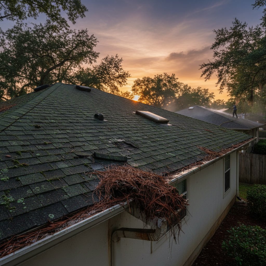 Connecticut home roof showing algae streaks and moss growth requiring professional cleaning