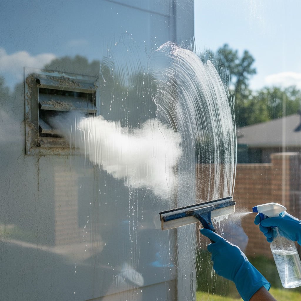 Professional window cleaner using squeegee on residential home exterior glass