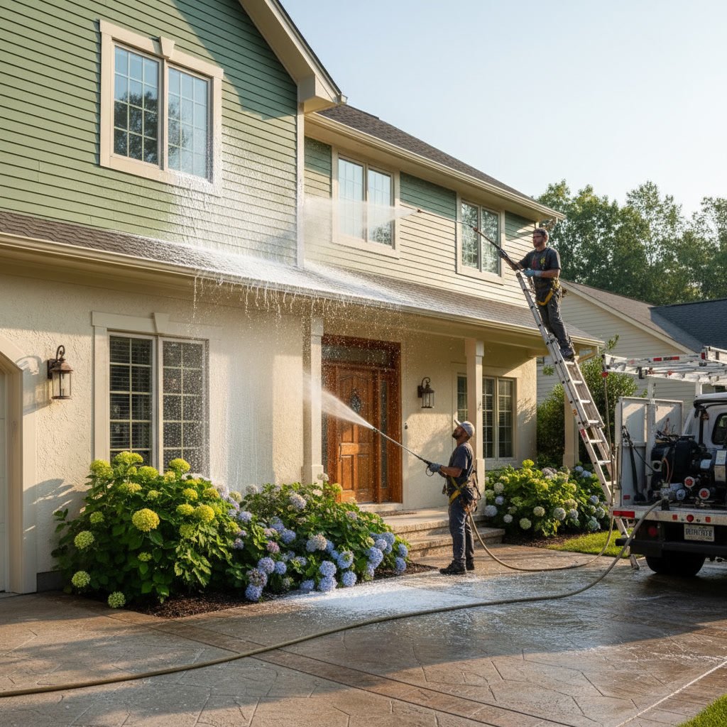 Professional soft washing application on vinyl siding exterior