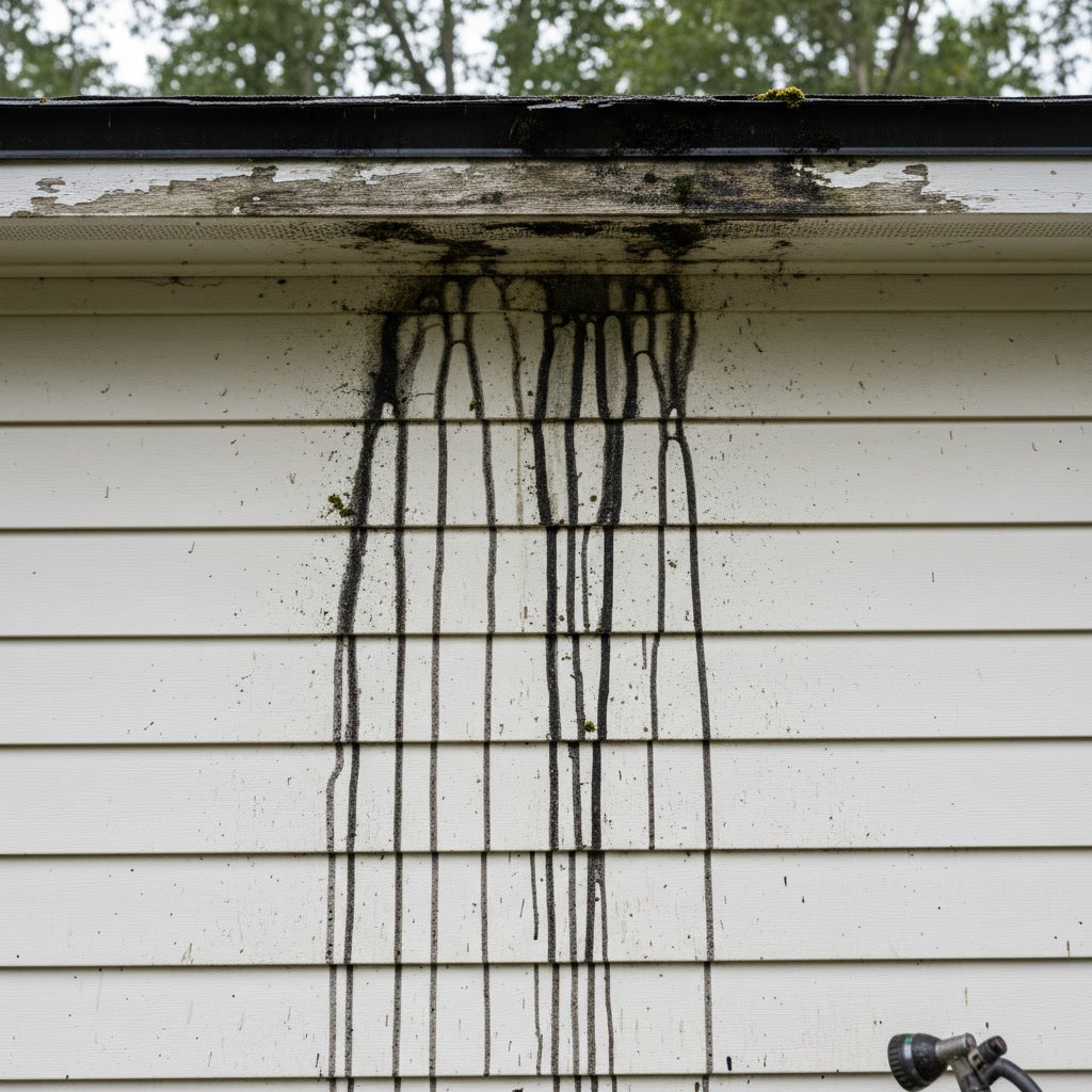 Black streaks and stains covering white vinyl siding on home exterior