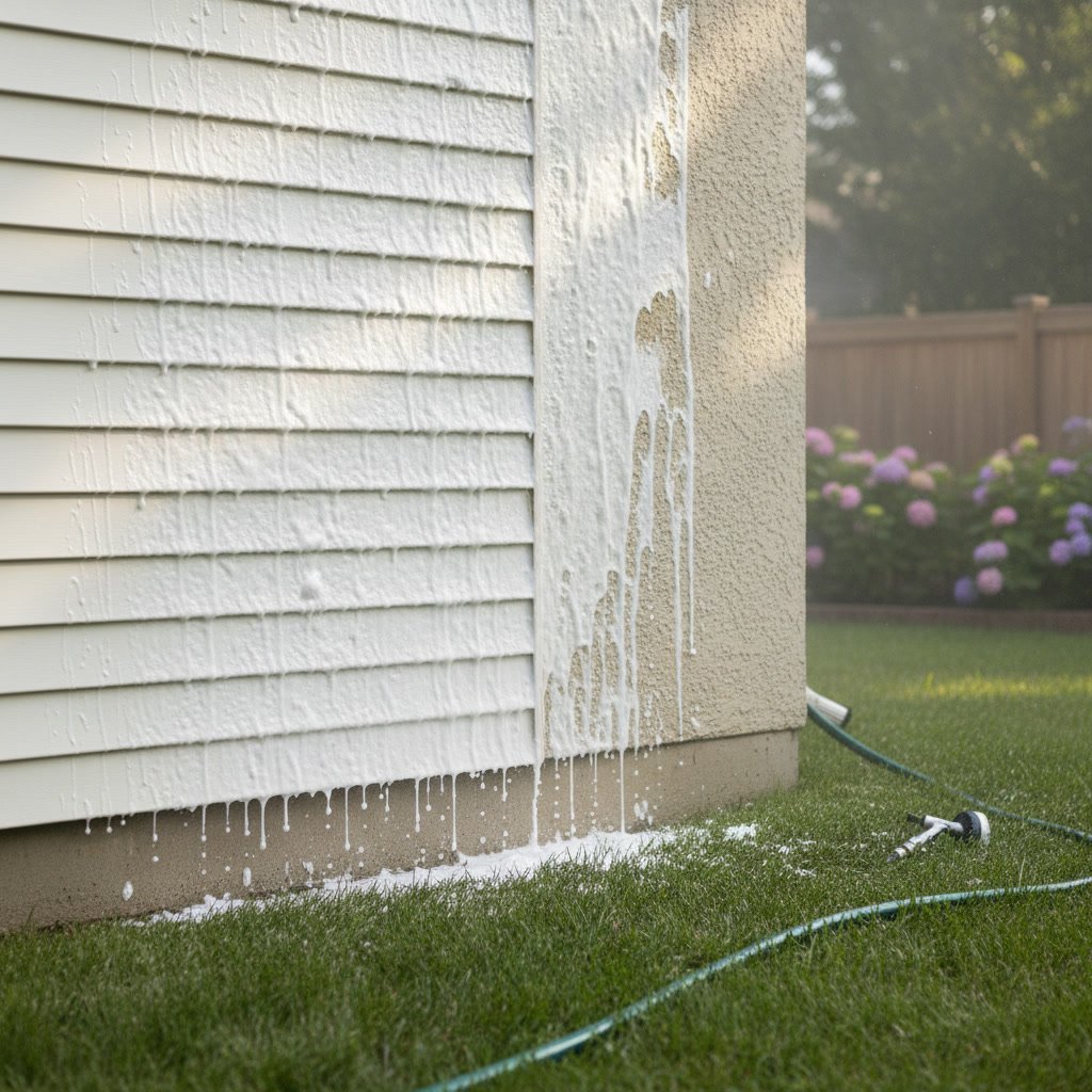 Soft washing process removing algae from stucco home exterior