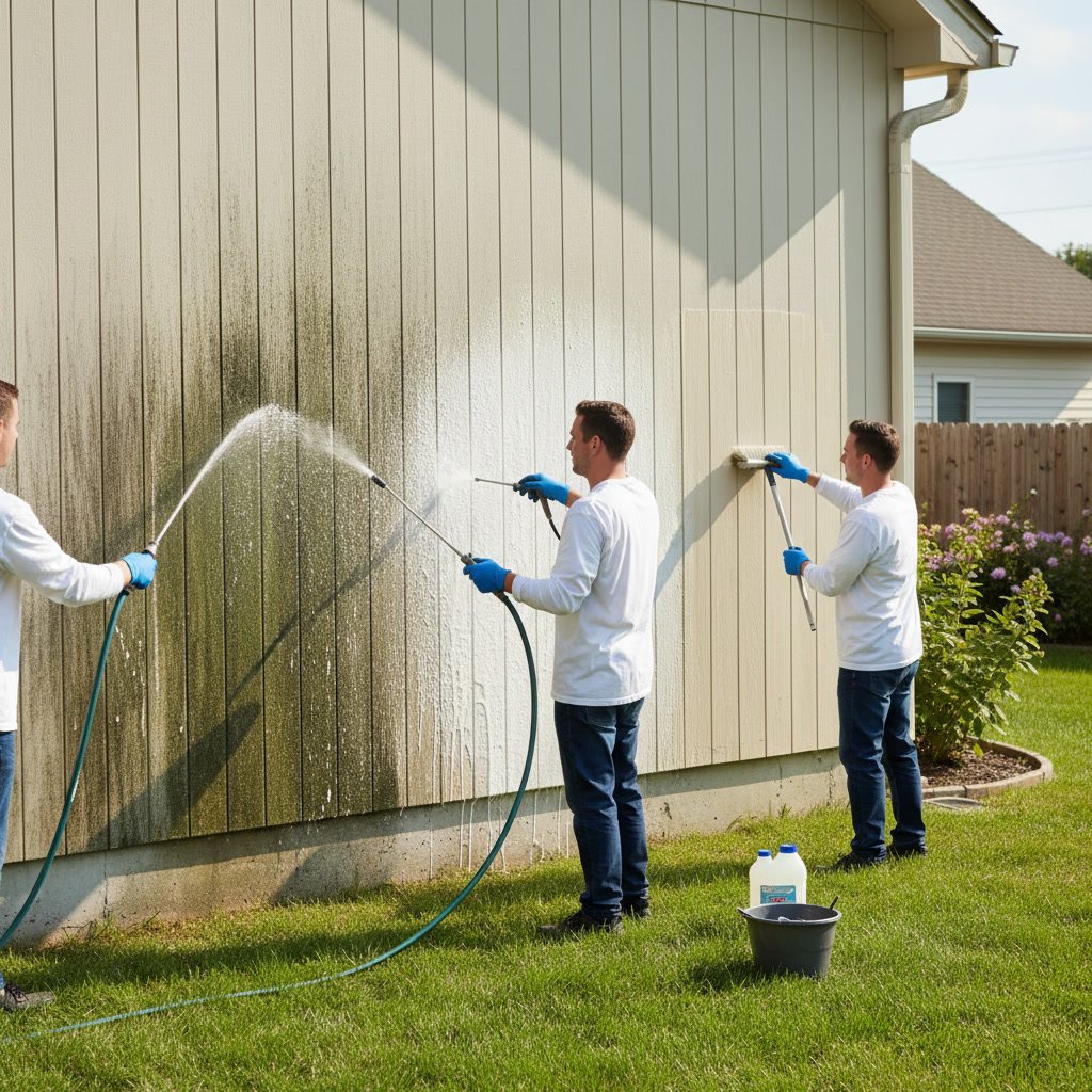 Homeowner safely cleaning vinyl siding with soft brush and low pressure water