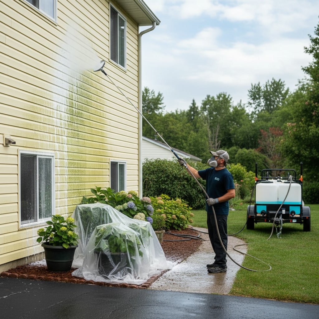 Clean vinyl siding and stucco home after professional soft washing