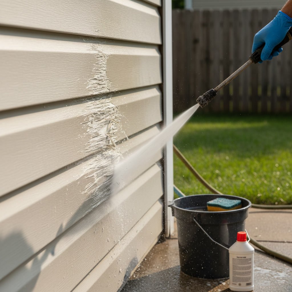 Before and after comparison showing clean white vinyl siding without black streaks