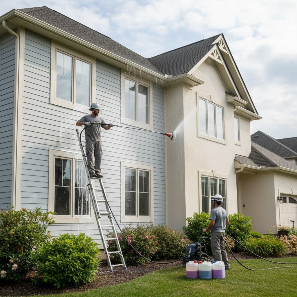 Professional soft washing application on vinyl siding home exterior