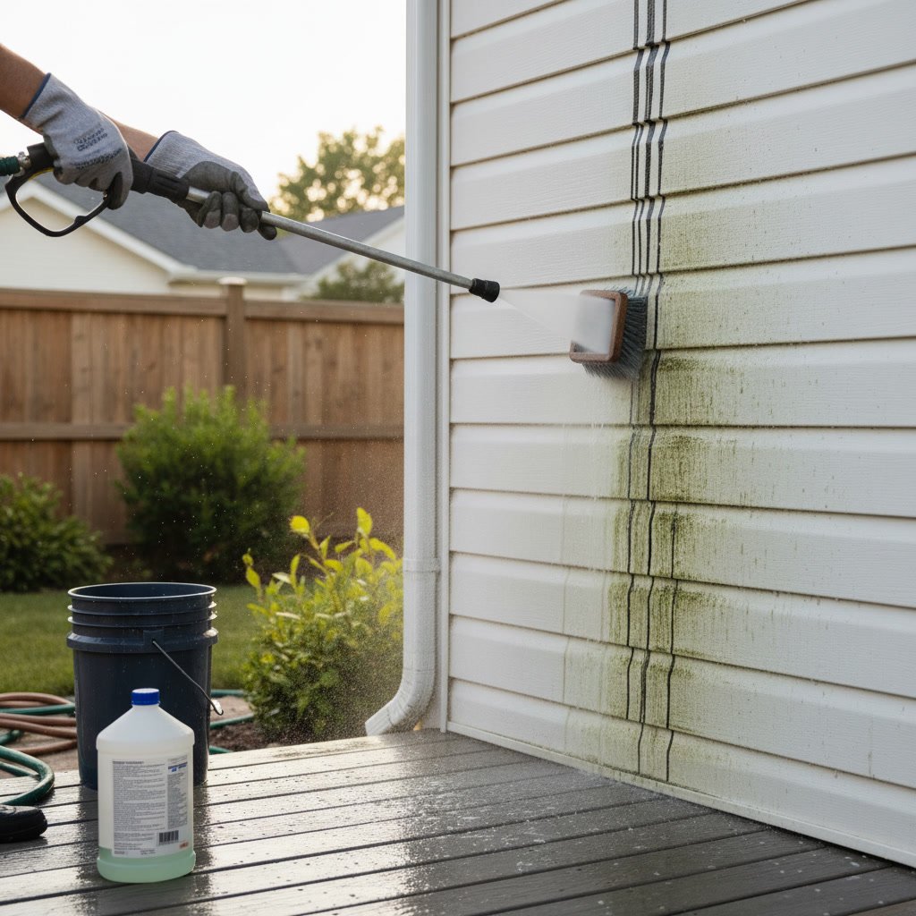 Vinyl siding with black streaks and stains before professional cleaning